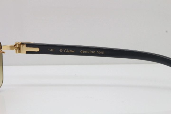 Cartier Rimless 8200759 Original White Inside Black Buffalo Horn Sunglasses in Gold Brown Lens