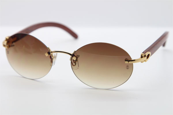 Cartier CT 5124018 18K Gold Rimless Carved Wood Trimming Lens Sun Glasses Wood Sunglasses in Gold Brown Lens Hot