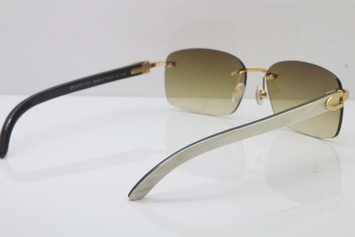 Cartier Rimless 8200759 Original White Inside Black Buffalo Horn Sunglasses in Gold Brown Lens