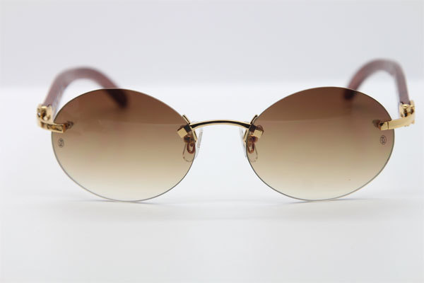 Cartier CT 5124018 18K Gold Rimless Carved Wood Trimming Lens Sun Glasses Wood Sunglasses in Gold Brown Lens Hot