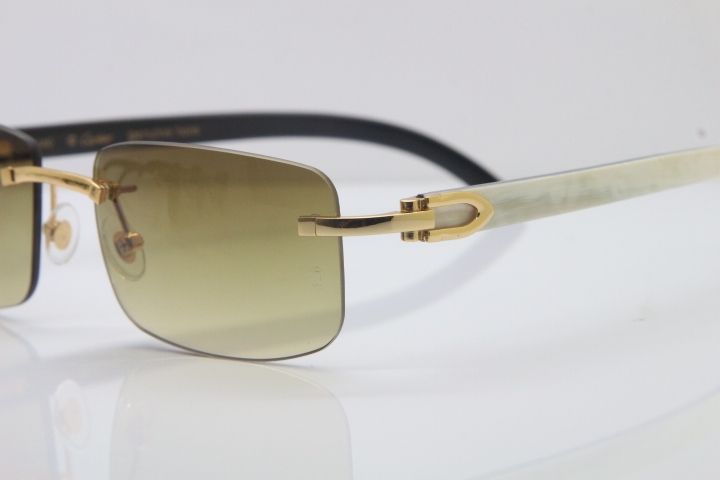 Wholesale High-end brand Cartier Limited edition White Mix Black Buffalo horn Rimless 3524012 Sunglasses in Brown Lens Hot