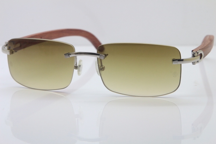 Wholesale High-end brand Cartier 3524012 Rimless Wood Sunglasses Carved Wood Trimming Lens in Gold Brown Lens Hot Size：56