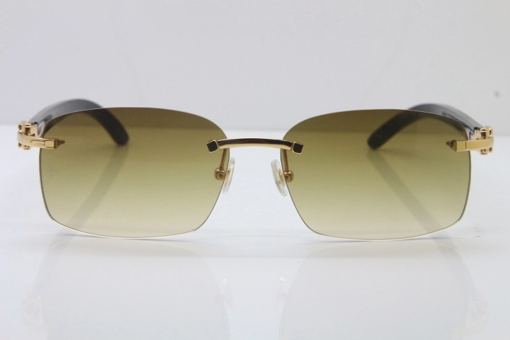 Cartier Rimless 8200759 Original White Inside Black Buffalo Horn Sunglasses in Gold Brown Lens