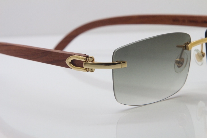 Wholesale High-end brand Cartier 3524012 Rimless Wood Sunglasses Carved Wood Trimming Lens in Gold Brown Lens Hot Size：56