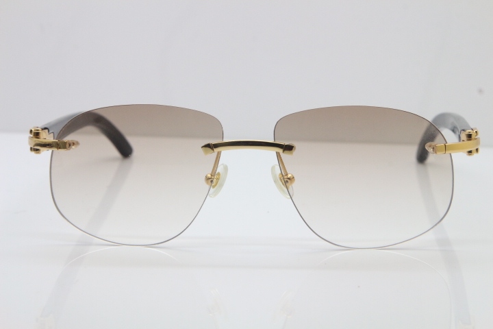 Wholesale High-end brand Cartier T8100928 Rimless Original Black Buffalo Horn Sunglasses in 18K Gold Brown Lens Hot