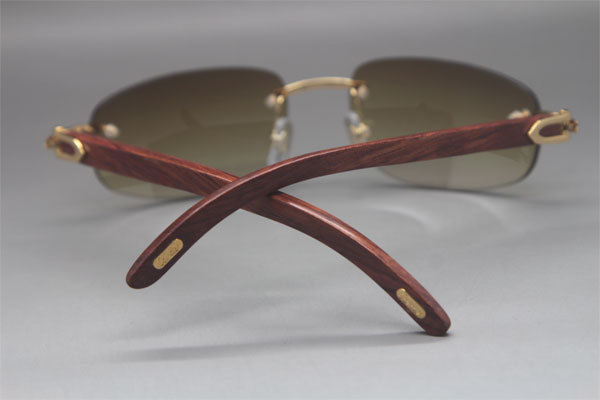 Cartier 3524011 Rimless Carved Wood Trimming Lens Sunglasses in Gold Brown Lens Hot