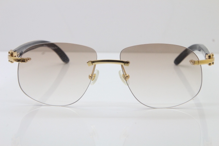 Wholesale High-end brand Cartier T8100928 Rimless Black Mix White Buffalo Horn Sunglasses in Gold Brown Lens Hot