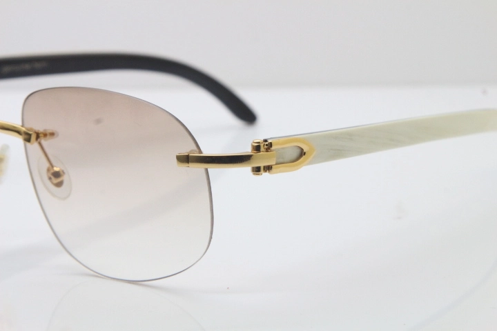 Wholesale High-end brand Cartier T8100928 Rimless Black Mix White Buffalo Horn Sunglasses in Gold Brown Lens Hot