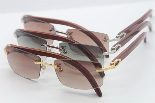 Cartier 3524012A Rimless Carved Wood Trimming Lens Sunglasses in Gold Brown Lens Hot Size：56 Hot