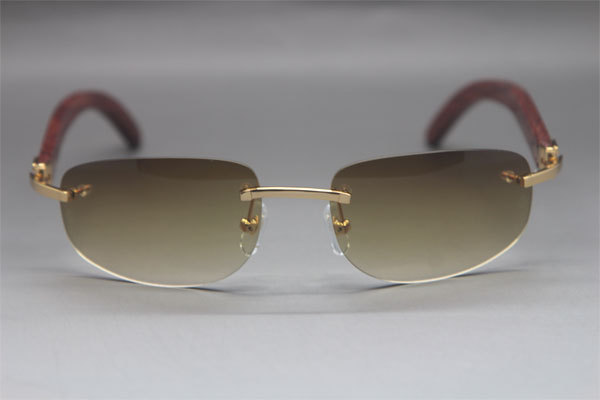 Cartier 3524011 Rimless Carved Wood Trimming Lens Sunglasses in Gold Brown Lens Hot