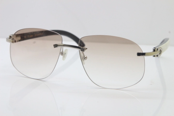 Wholesale High-end brand Cartier T8100928 Rimless Black Mix White Buffalo Horn Sunglasses in Gold Brown Lens Hot