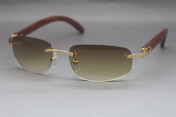 Cartier 3524011 Rimless Carved Wood Trimming Lens Sunglasses in Gold Brown Lens Hot