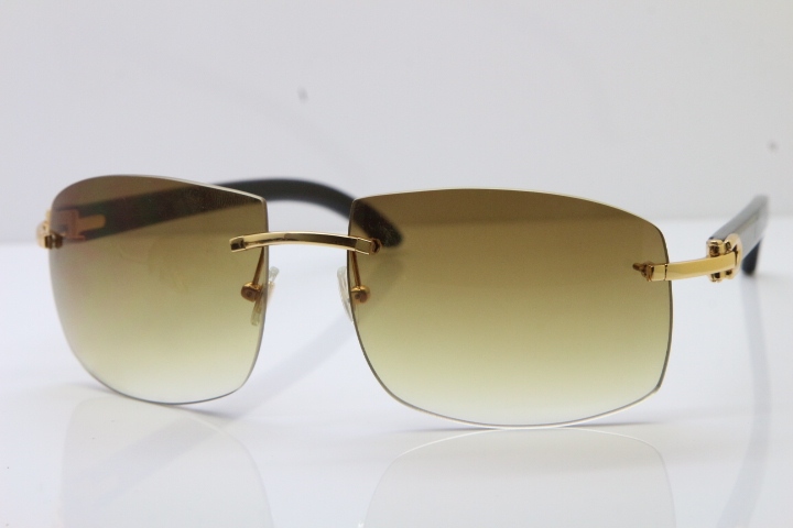 Cartier Hot Larger Hot 4189705 Rimless Black Buffalo Horn Sunglasses in Gold Brown Lens