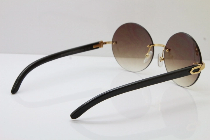 Round Hot Brand Hot CT3524012 Rimless Black Buffalo Horn Sunglasses in Gold Brown Lens Size:57