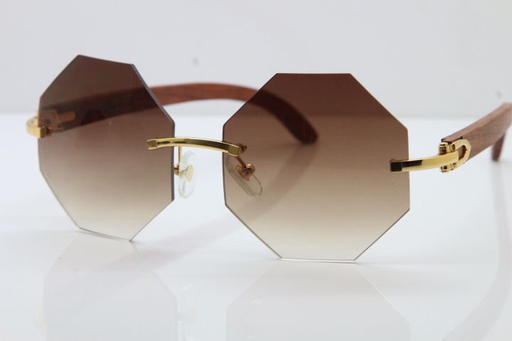 Hot Cartier 4189706 Rimless Carved Wood Trimming Lens Sunglasses in Gold Brown Lens