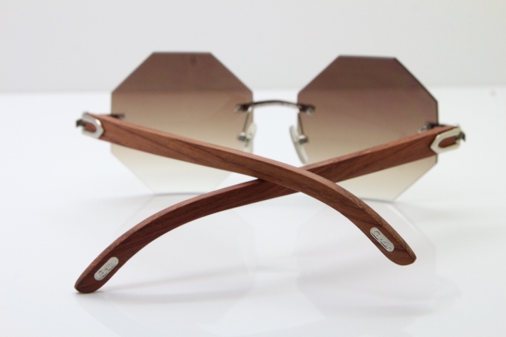 Hot Cartier 4189706 Rimless Carved Wood Trimming Lens Sunglasses in Gold Brown Lens