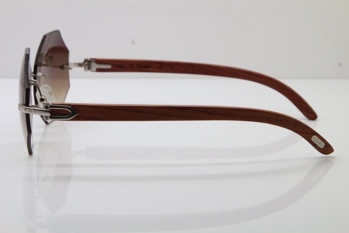 Hot Cartier 4189706 Rimless Carved Wood Trimming Lens Sunglasses in Gold Brown Lens