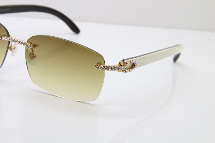 2018 New Cartier Rimless Smaller Big Stones 8200759A Original Black Mix White Buffalo Horn Sunglasses in Gold Brown Lens