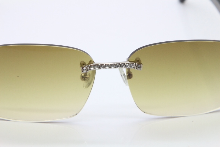 2018 New Cartier Rimless Smaller Big Stones Original Black Buffalo Horn Sunglasses in 8200759A Gold Brown Lens 8200760 Silver Brown Lens