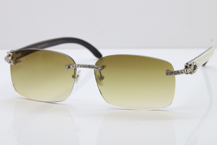 2018 New Cartier Rimless Smaller Big Stones 8200759A Original Black Mix White Buffalo Horn Sunglasses in Gold Brown Lens