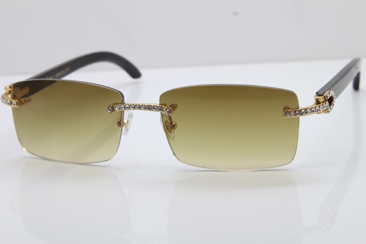 2018 New Cartier Rimless Smaller Big Stones 3524012A Original Black Buffalo Horn Sunglasses in Gold Brown Lens