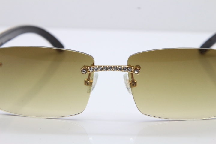 2018 New Cartier Rimless Smaller Big Stones 3524012A Original Black White Buffalo Horn Sunglasses in Gold Brown Lens （Limited edition）