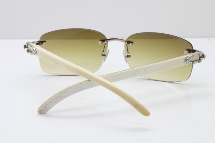 2018 New Cartier Rimless Smaller Big Stones 8200759A Original White Genuine Buffalo Horn Sunglasses in Gold Brown Lens