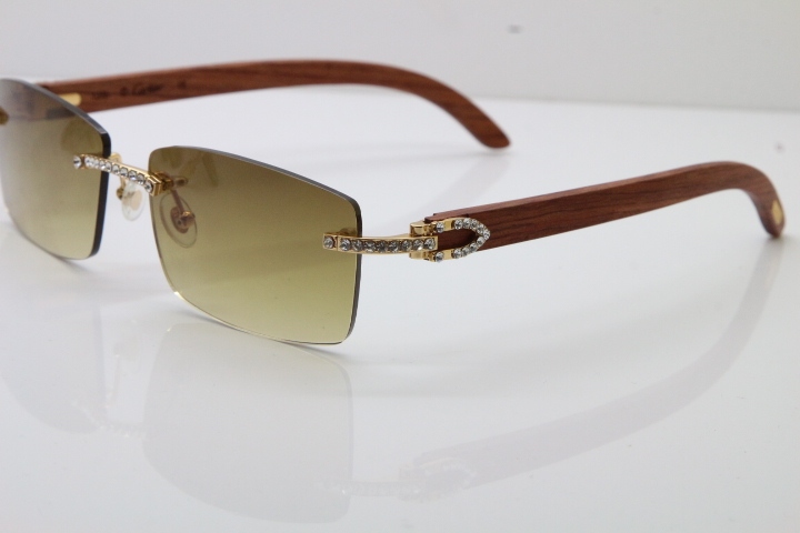 2018 New Cartier Rimless Smaller Big Stones 3524012A Original Carved Wood Trimming Lens Sunglasses in Gold Brown Lens