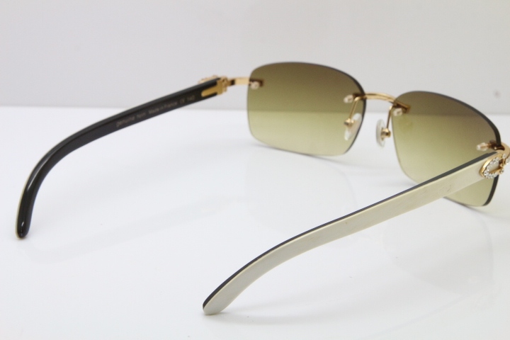 2018 New Cartier Rimless Smaller Big Stones 8200759A Original Black Mix White Buffalo Horn Sunglasses in Gold Brown Lens