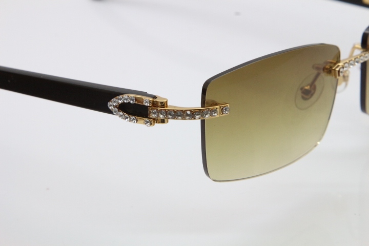 2018 New Cartier Rimless Smaller Big Stones 3524012A Original Black Buffalo Horn Sunglasses in Gold Brown Lens