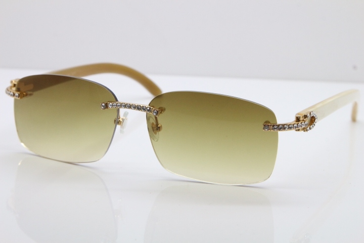 2018 New Cartier Rimless Smaller Big Stones 8200759A Original White Genuine Buffalo Horn Sunglasses in Gold Brown Lens