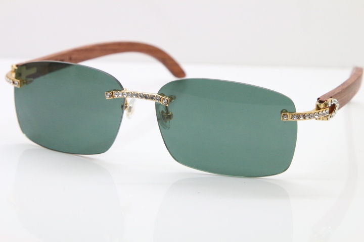 2018 New Cartier Rimless Smaller Big Stones 8200759A Original Wood Sunglasses in Gold Dark Lens