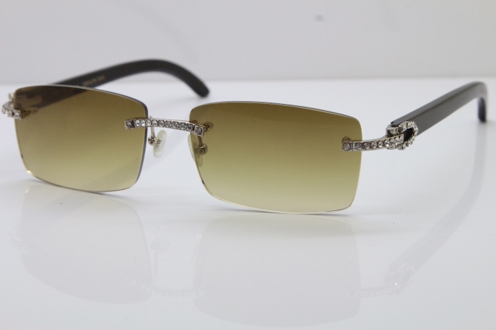 2018 New Cartier Rimless Smaller Big Stones 3524012A Original Black Buffalo Horn Sunglasses in Gold Brown Lens