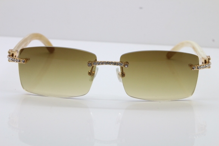 2018 New Cartier Rimless Smaller Big Stones 3524012A Original White Buffalo Horn Sunglasses in Gold Brown Lens