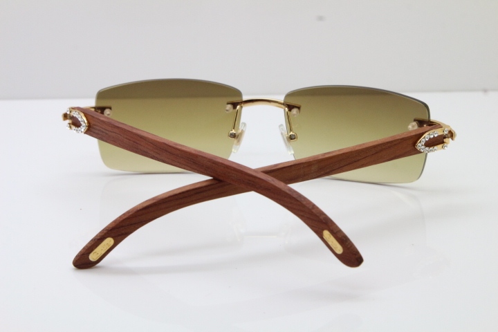 2018 New Cartier Rimless Smaller Big Stones 3524012A Original Carved Wood Trimming Lens Sunglasses in Gold Brown Lens