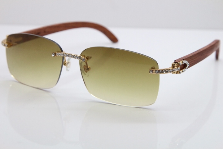 2018 New Cartier Rimless Smaller Big Stones 8200759A Original Wood Sunglasses in Gold Dark Lens