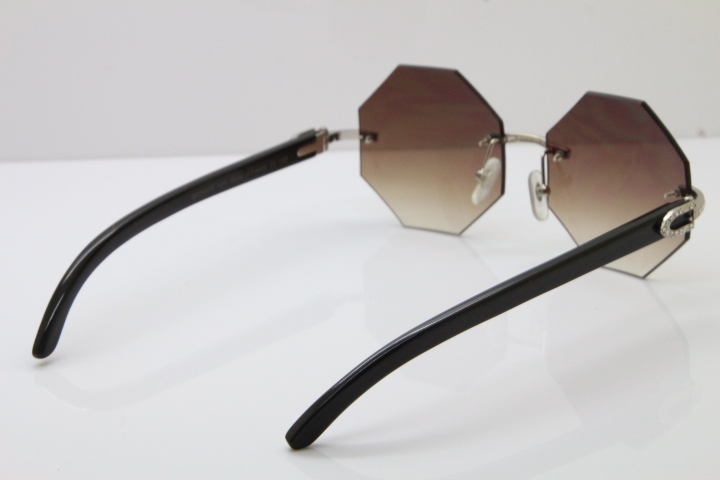 Cartier Rimless Smaller Big Stones 4189706 Black Buffalo Horn Sunglasses in Silver Brown Lens