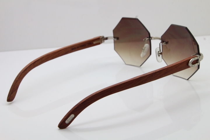 Wholesale High-end brand Cartier Rimless Smaller Big Stones 4189706 Wood Sunglasses in Gold Brown Lens