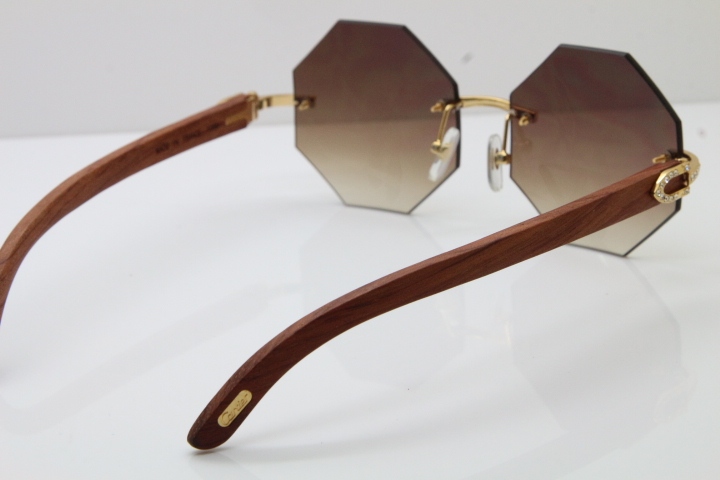 Wholesale High-end brand Cartier Rimless Smaller Big Stones 4189706 Wood Sunglasses in Gold Brown Lens