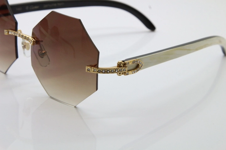 Cartier Rimless Smaller Big Stones 4189706 White Black Buffalo Horn Sunglasses in Gold Brown Lens