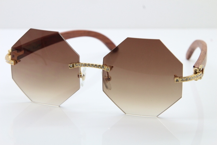 Wholesale High-end brand Cartier Rimless Smaller Big Stones 4189706 Wood Sunglasses in Gold Brown Lens