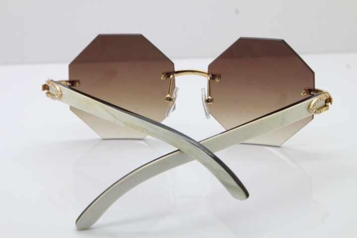 Cartier Rimless Smaller Big Stones 4189706 White Black Buffalo Horn Sunglasses in Gold Brown Lens