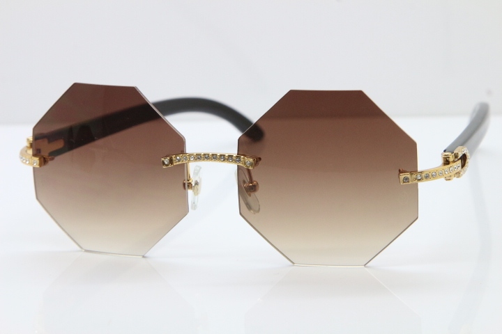 Cartier Rimless Smaller Big Stones 4189706 Black Buffalo Horn Sunglasses in Silver Brown Lens