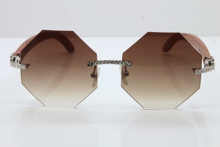 Wholesale High-end brand Cartier Rimless Smaller Big Stones 4189706 Wood Sunglasses in Gold Brown Lens