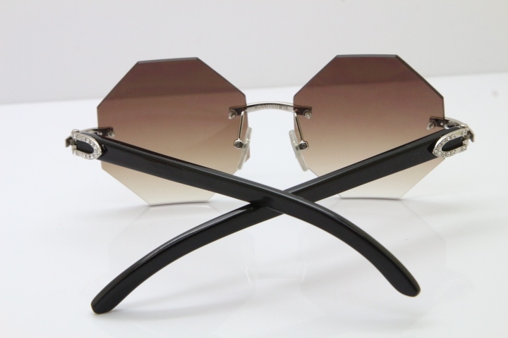 Cartier Rimless Smaller Big Stones 4189706 Black Buffalo Horn Sunglasses in Silver Brown Lens