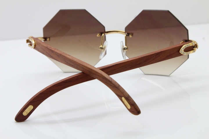 Wholesale High-end brand Cartier Rimless Smaller Big Stones 4189706 Wood Sunglasses in Gold Brown Lens