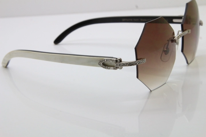 Cartier Rimless Smaller Big Stones 4189706 White Black Buffalo Horn Sunglasses in Gold Brown Lens