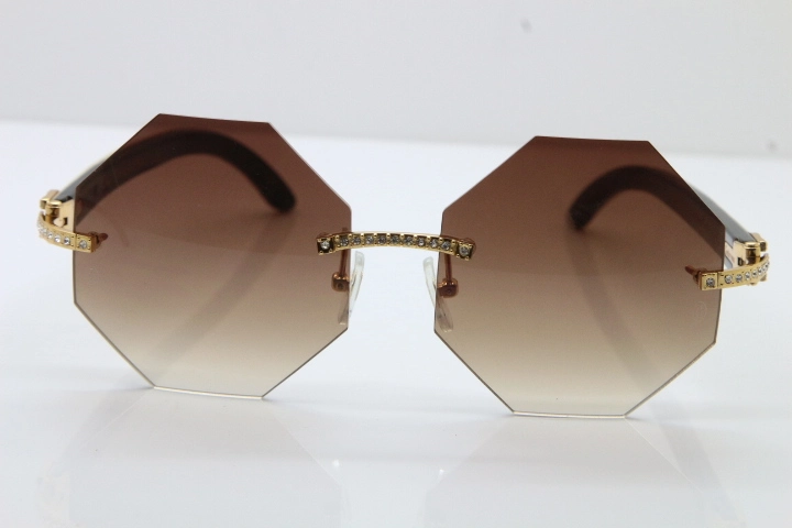 Cartier Rimless Smaller Big Stones 4189706 White Black Buffalo Horn Sunglasses in Gold Brown Lens