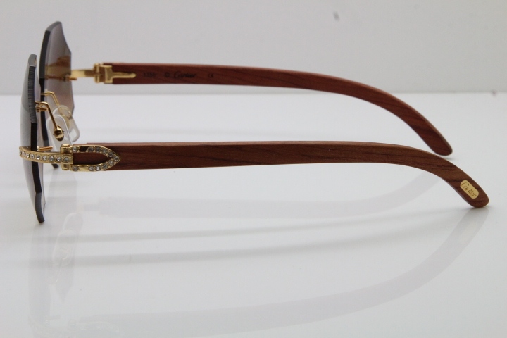 Wholesale High-end brand Cartier Rimless Smaller Big Stones 4189706 Wood Sunglasses in Gold Brown Lens