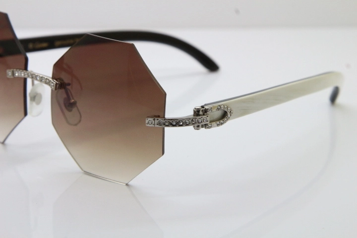 Cartier Rimless Smaller Big Stones 4189706 White Black Buffalo Horn Sunglasses in Gold Brown Lens